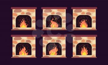 Fireplace animation. Home retro fireplaces with fire. Cartoon christmas and interior vector decoration. Fireplace interior decoration, animation bright burning illustration