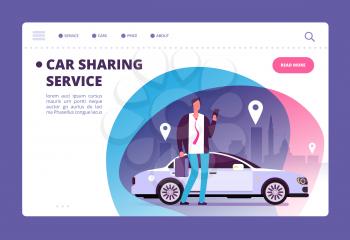 Car sharing concept. Businessman with smartphone at car on city street. Parking service website vector template. Illustration of online transport service rent