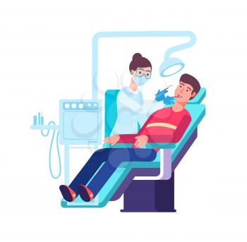 Dentist and patient. Doctor checking patients mouth. Teeth examination and dentistry vector concept. Illustration of dentist clinic, patient and dentistry doctor