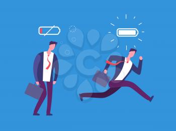 Full of energy and tired businessman. Powerful and flat person with full charge and uncharged battery. Business vector concept. Business man low charge energy, tired male illustration