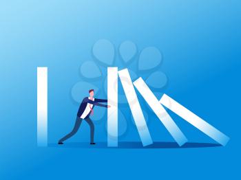 Domino effect. Businessman stopping falling domino. Crisis management, finance intervention and conflict prevention vector concept. Business management stop domino effect illustration