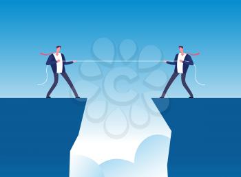 Conflict concept. Businessmen pulling rope over precipice. Business rivalry and competition vector background. Pull rope, businessman conflict business illustration