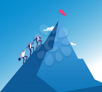 Businessmen climb mountain. Success teamwork corporate growth, mission achievement vector concept. Illustration of leadership and team climb to top mountain