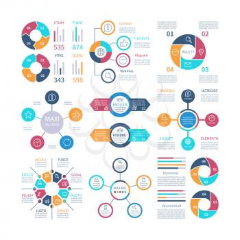 Infographic design. Pie charts and step circle diagram, text layouts bar graphs and histograms. Vector infographics set of color infochart illustration