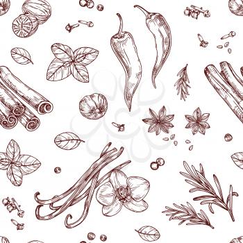 Sketch spices seamless pattern. Cooking herbs and asian vegetables. Hand drawn vector texture. Aroma condiment, herbal spicy for cooking illustration