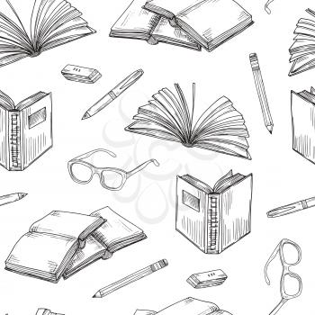Sketch books seamless pattern. Ebooks reading and writing, school education and library doodle vector background with books pile. Education textbook, book sketch school pattern