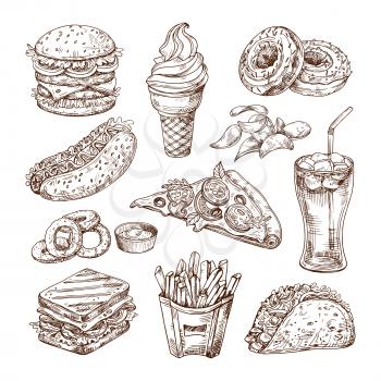 Sketch fast food. Burger hot dog, sandwich snacks, chips and ice cream, cola pizza. Hand drawn fast food vector set. Hamburger and pizza, sandwich food, menu fast food illustration
