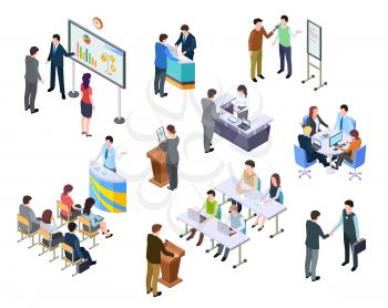 Isometric meeting. Business people on presentation conference. Team work process at table. 3d businessmen training vector set. Isometric meeting and conference people illustration