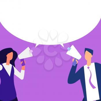 Man and woman with megaphone making message vector illustration. Marketing advertisement cartoon flat