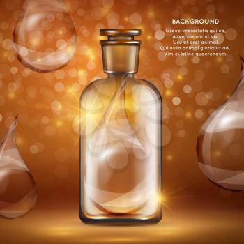 Organic oil cosmetics banner template. Realistic bottle and oil drops with shine background. Vector illustration