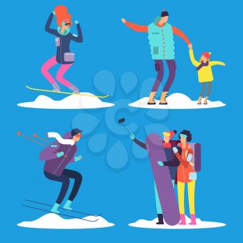 People, adult and kids snowboarding and skiing outdoor. Vector illustration isolated on blue