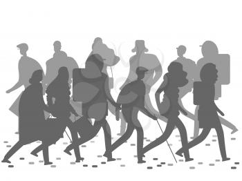 People silhouettes walking on the winter or autumn street. Grey walking people silhouettes isolated on white background. Vector illustration