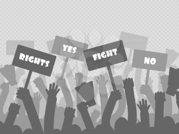 Political protest with silhouette protesters hands holding megaphone, banners and flags isolated on transparent background. Vector illustration