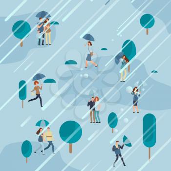 Rainy day in the park with people with umbrellas. Vector illustration