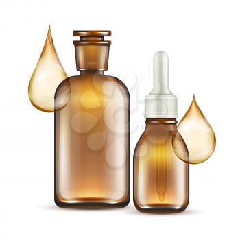Realistic brown glass bottles for oil cosmetics isolated on white background. Vector illustration
