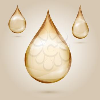 Shine yellow oil drops isolated vector illustration. Golden cosmetic drop