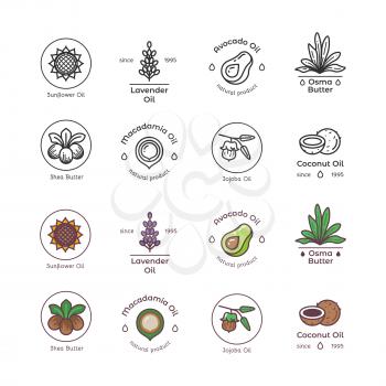 Skincare and beauty organic cosmetics oil vector line and colorful emblems and logos collection isolated illustration