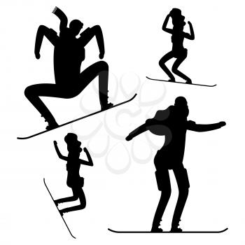 Snowboarding people black silhouettes isolated on white background. Active sport man, vector illustration