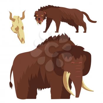 Stone age animals. Mammoth and saber-toothed tiger vector illustration isolated on white background