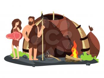 Stone age family with fireplace, food and home. Vector illustration