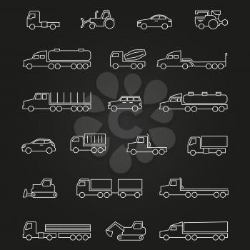 Trucks, cars, construction machines white line icons set isolated on black. Vector illustration