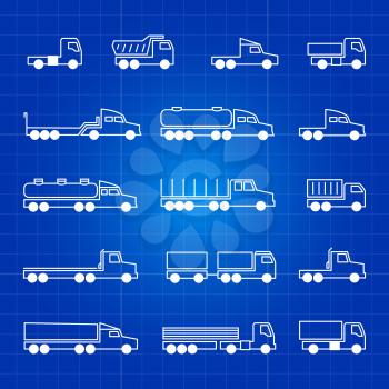 White truck line icons. Transportation vector outline isolated symbols in blue background illustration