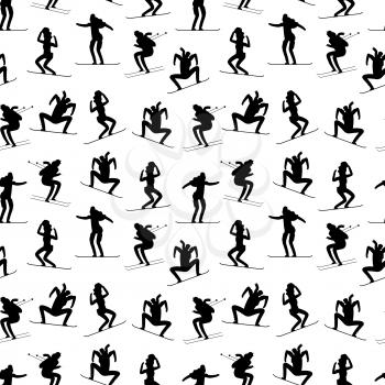 Winter sports athletes seamless pattern. Black sport winter people silhouettes texture. Vector illustration