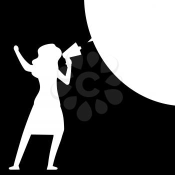 Woman with megaphone. Woman silhouette with bullhorn with speech bubble - black and white message template. Vector illustration
