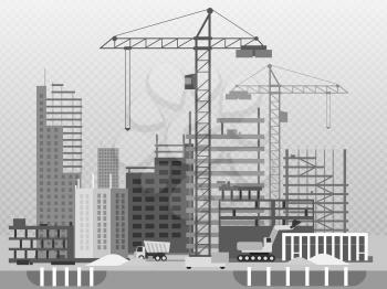 Work process of buildings construction and machinery isolated on transparent background. Building development and machine car illustration vector