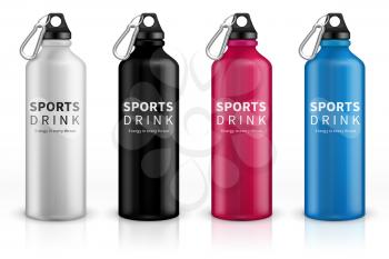 Sports stainless bottles. Bike metal reusable drink flask. 3d realistic vector mockup. Illustration of container water for sport bike and fitness
