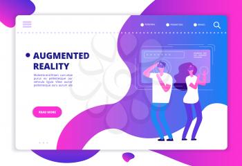 Virtual reality concept. People with vr future gadgets. Web site vector template. Vr gadget device, virtual headset for game in cyberspace illustration