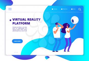 Virtual augmented reality. People with mobile entertainment and headset playing virtual game. Vr future technology vector concept. Virtual reality platform, web playing cyber space illustration