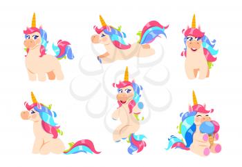 Cute unicorns. Cartoon fairy pony, magic baby horse animal. Fairytale vector characters. Illustration of magic pony with horn and colored mane