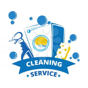 Cleaning service label design. Yellow and blue laundry logo. Laundry label and washer equipment, sponge and spray. Vector illustration