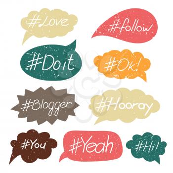 Colorful grunge hand written popular hashtags in speech bubbles. Vector illustration