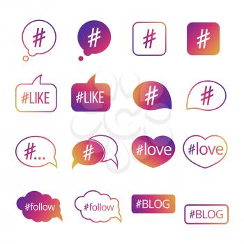 Colorful hashtag post social media vector icons isolated on white backgroud illustration