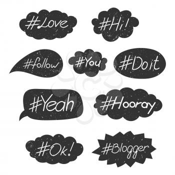 Grunge hand written hashtag words in speech bubble icons isolated on white background. Vector illustration