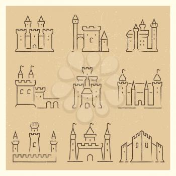 Set of medieval castles line icos. Tower building architecture, fortress collection, vector illustration