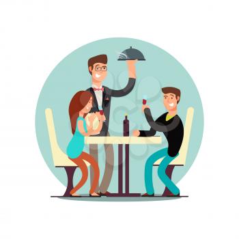 Cartoon character happy couple are dining in restaurant. Vector illustration