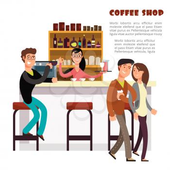 Coffee shop vector concept with take away coffee, barista and couple in love isolated on white background illustration