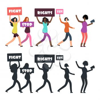 International women protesters walking on manifestation. Feminism, womens rights and protest vector concept. Female protesters silhouette illustration