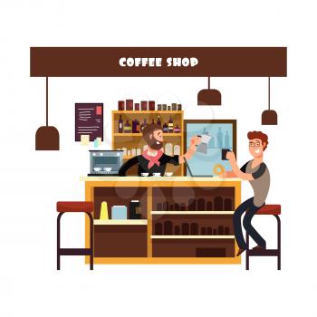 Man working in cafe vector illustration. Barista, bar and freelancer cartoon character design