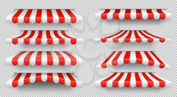 Red and white sunshade. Outdoor awnings for cafe and shop window isolated vector set. Tent sunshade for market, stripe summer scallop for store illustration
