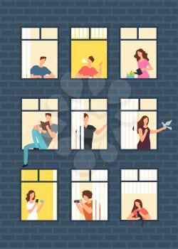 Neighbors cartoon people in apartment house windows. Neighborhood vector concept. Building with window and man, woman illustration