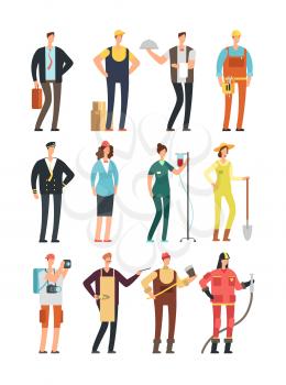 Young happy female nad male professional people in uniform. Cartoon vector characters set builder and waiter, fireman and pilot illustration