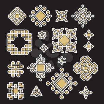 Chinese and celtic endless knots and patterns vector set. Black, white and gold decorative ornate elements illustration