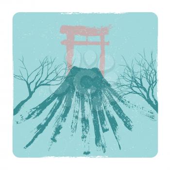 Grunge japanese illustration design. Vector volkano, pagoda and tree branches