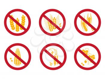 Grains free icons set. Gluten free, rice free, corn free icons isolated on white background. Vector illustration