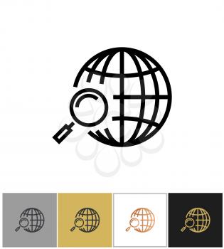 Globe search icon, web or internet search symbol on white and black backgrounds. Vector illustration