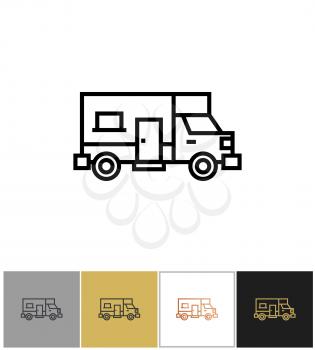 Recreational vehicle icon, motor home camper sign, family caravan vacation trailer symbol on white and black backgrounds. Vector illustration